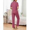 Ekouaer Womens Rib Knit Pajamas Button Up Lounge Sets Short Sleeve Top and Long Pants Matching Pjs Sleepwear Loungewear(Rose Pink)