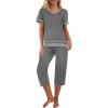 Ekouaer Capri Pajama Sets for Women Short Sleeve Tops Sleepwear Sleep Sets Pjs Sets Soft Two Piece Loungewear Sets(Grey)