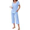 Ekouaer Pajama Set for Women Short Sleeve Top With Capri Pants Pjs 2 Piece Square Neck Loungewear Soft Sleepwear with Pockets(Light Blue)