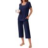 Ekouaer Pajama Set for Women Short Sleeve Top With Capri Pants Pjs 2 Piece Square Neck Loungewear Soft Sleepwear with Pockets(Navy Blue)