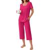 Ekouaer Pajama Set for Women Short Sleeve Top With Capri Pants Pjs 2 Piece Square Neck Loungewear Soft Sleepwear with Pockets(Rose Red)
