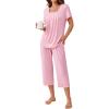 Ekouaer Pajama Set for Women Short Sleeve Top With Capri Pants Pjs 2 Piece Square Neck Loungewear Soft Sleepwear with Pockets(Veiled Rose)