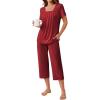 Ekouaer Pajama Set for Women Short Sleeve Top With Capri Pants Pjs 2 Piece Square Neck Loungewear Soft Sleepwear with Pockets(Wine Red)