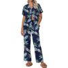 Ekouaer Women Pajamas Set Short Sleeve Button Down Sleepwear Soft Pjs Loungewear Pants Set S-XXL(Navy/ Blue Leaf)