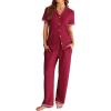 Ekouaer Womens Pajama Sets Short Sleeve Button Up Pjs, Chic Contrast Trim, Long Pants with Pockets,Soft Loungewear Set S-XXL(Dark Red)