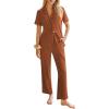 Ekouaer Womens Rib Knit Pajamas Button Up Lounge Sets Short Sleeve Top and Long Pants Matching Pjs Sleepwear Loungewear(Chocolate)