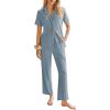Ekouaer Womens Rib Knit Pajamas Button Up Lounge Sets Short Sleeve Top and Long Pants Matching Pjs Sleepwear Loungewear(Clear Blue)