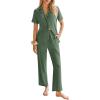 Ekouaer Womens Rib Knit Pajamas Button Up Lounge Sets Short Sleeve Top and Long Pants Matching Pjs Sleepwear Loungewear(Green)
