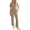 Ekouaer Womens Rib Knit Pajamas Button Up Lounge Sets Short Sleeve Top and Long Pants Matching Pjs Sleepwear Loungewear(Khaki)