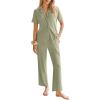 Ekouaer Womens Rib Knit Pajamas Button Up Lounge Sets Short Sleeve Top and Long Pants Matching Pjs Sleepwear Loungewear(Light Green)