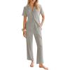 Ekouaer Womens Rib Knit Pajamas Button Up Lounge Sets Short Sleeve Top and Long Pants Matching Pjs Sleepwear Loungewear(Light Grey)