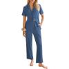 Ekouaer Womens Rib Knit Pajamas Button Up Lounge Sets Short Sleeve Top and Long Pants Matching Pjs Sleepwear Loungewear(Navy)