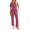 Ekouaer Womens Rib Knit Pajamas Button Up Lounge Sets Short Sleeve Top and Long Pants Matching Pjs Sleepwear Loungewear(Rose Pink)
