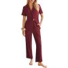 Ekouaer Womens Rib Knit Pajamas Button Up Lounge Sets Short Sleeve Top and Long Pants Matching Pjs Sleepwear Loungewear(Wine Red)