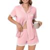 Ekouaer Womens Short Sleeve Pajamas Set Soft Sleepwear Button Down Lounge Set Lace Top and Shorts Pj Nightwear(Pink)
