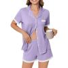 Ekouaer Womens Short Sleeve Pajamas Set Soft Sleepwear Button Down Lounge Set Lace Top and Shorts Pj Nightwear(Purple)