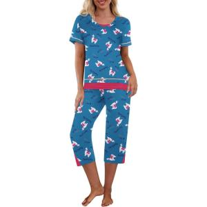 Ekouaer Capri Pajama Sets for Women Short Sleeve Tops Sleepwear Sleep Sets Pjs Sets Soft Two Piece Loungewear Sets(Blue Sheep)