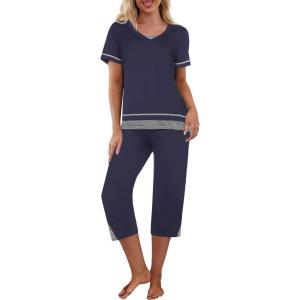 Ekouaer Capri Pajama Sets for Women Short Sleeve Tops Sleepwear Sleep Sets Pjs Sets Soft Two Piece Loungewear Sets(Navy Blue)