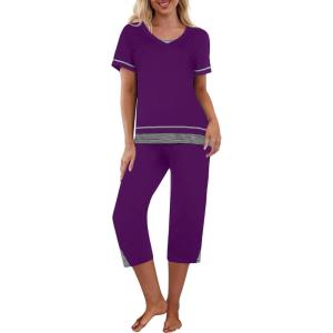 Ekouaer Capri Pajama Sets for Women Short Sleeve Tops Sleepwear Sleep Sets Pjs Sets Soft Two Piece Loungewear Sets(Purple)