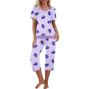 Ekouaer Capri Pajama Sets for Women Short Sleeve Tops Sleepwear Sleep Sets Pjs Sets Soft Two Piece Loungewear Sets(Purple Dinosaur)