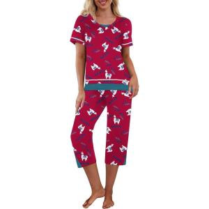 Ekouaer Capri Pajama Sets for Women Short Sleeve Tops Sleepwear Sleep Sets Pjs Sets Soft Two Piece Loungewear Sets(Rose Red Sheep)