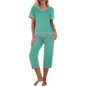 Ekouaer Capri Pajama Sets for Women Short Sleeve Tops Sleepwear Sleep Sets Pjs Sets Soft Two Piece Loungewear Sets(Turquoise)