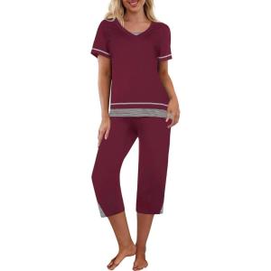 Ekouaer Capri Pajama Sets for Women Short Sleeve Tops Sleepwear Sleep Sets Pjs Sets Soft Two Piece Loungewear Sets(Wine Red)