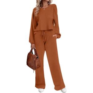 Ekouaer Knit Lounge Sets for Women 2 Piece Cozy Long Sleeve Pullover Sweater Top and Wide Leg Pants Set Pajamas Outfits(Caramel)