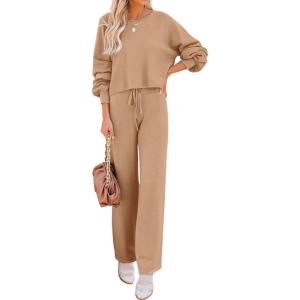 Ekouaer Knit Lounge Sets for Women 2 Piece Cozy Long Sleeve Pullover Sweater Top and Wide Leg Pants Set Pajamas Outfits(Khaki)