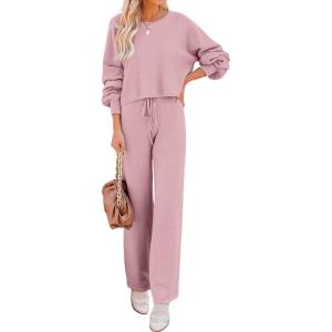 Ekouaer Knit Lounge Sets for Women 2 Piece Cozy Long Sleeve Pullover Sweater Top and Wide Leg Pants Set Pajamas Outfits(Pink)