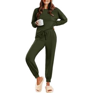 Ekouaer Lounge Sets for Women 2 Piece Jogger Pajama Long Sleeve Pants Loungewear Sweatsuits Casual Matching Outfits(Army Green)