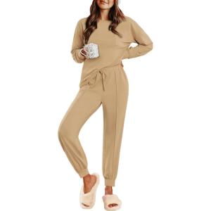 Ekouaer Lounge Sets for Women 2 Piece Jogger Pajama Long Sleeve Pants Loungewear Sweatsuits Casual Matching Outfits(Khaki)