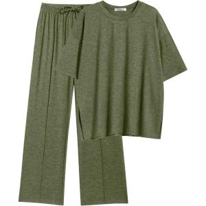 Ekouaer Lounge Sets for Women Short Sleeve Pullover Tops and Long Pants Soft Pajamas Set 2 Piece Outfits S-XXL(Army Green)