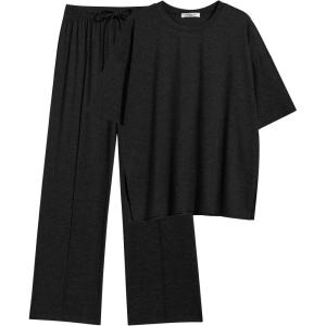 Ekouaer Lounge Sets for Women Short Sleeve Pullover Tops and Long Pants Soft Pajamas Set 2 Piece Outfits S-XXL(Black)