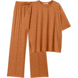 Ekouaer Lounge Sets for Women Short Sleeve Pullover Tops and Long Pants Soft Pajamas Set 2 Piece Outfits S-XXL(Camel)