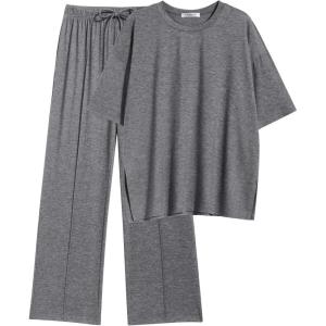 Ekouaer Lounge Sets for Women Short Sleeve Pullover Tops and Long Pants Soft Pajamas Set 2 Piece Outfits S-XXL(Dark Grey)