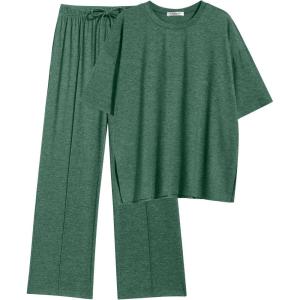 Ekouaer Lounge Sets for Women Short Sleeve Pullover Tops and Long Pants Soft Pajamas Set 2 Piece Outfits S-XXL(Green)
