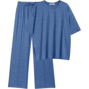 Ekouaer Lounge Sets for Women Short Sleeve Pullover Tops and Long Pants Soft Pajamas Set 2 Piece Outfits S-XXL(Navy Blue)