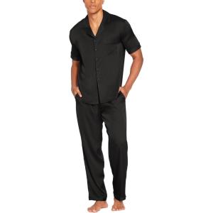 Ekouaer Men Satin Silk Pajamas Set 2 Piece Button Down Sleepwear Long Pants Loungewear with Pockets(Black)