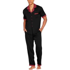 Ekouaer Men Satin Silk Pajamas Set 2 Piece Button Down Sleepwear Long Pants Loungewear with Pockets(Black Red)