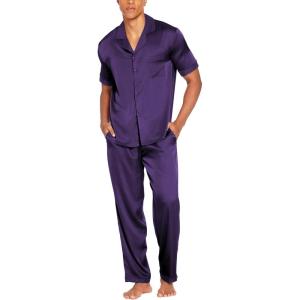 Ekouaer Men Satin Silk Pajamas Set 2 Piece Button Down Sleepwear Long Pants Loungewear with Pockets(Deep Purple)