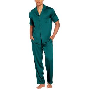 Ekouaer Men Satin Silk Pajamas Set 2 Piece Button Down Sleepwear Long Pants Loungewear with Pockets(Green)