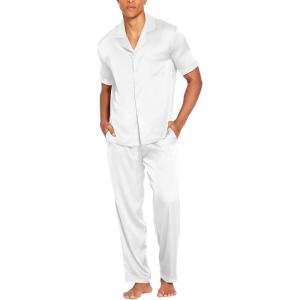 Ekouaer Men Satin Silk Pajamas Set 2 Piece Button Down Sleepwear Long Pants Loungewear with Pockets(White)