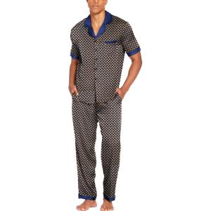 Ekouaer Men Satin Silk Pajamas Set 2 Piece Button Down Sleepwear Long Pants Loungewear with Pockets(Yellow Geometric)