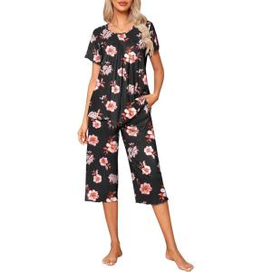 Ekouaer Pajama Set for Women 2 Piece Capri Pants Short Sleeve Top Sleepwear Soft Pjs Loungewear with Pockets S-3XL(Black Flowers)
