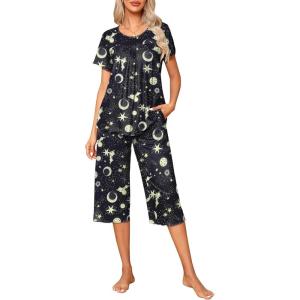 Ekouaer Pajama Set for Women 2 Piece Capri Pants Short Sleeve Top Sleepwear Soft Pjs Loungewear with Pockets S-3XL(Black Moon Stars)
