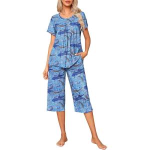 Ekouaer Pajama Set for Women 2 Piece Capri Pants Short Sleeve Top Sleepwear Soft Pjs Loungewear with Pockets S-3XL(Blue Cashew)