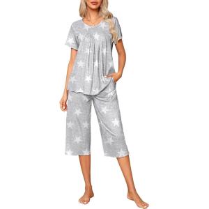 Ekouaer Pajama Set for Women 2 Piece Capri Pants Short Sleeve Top Sleepwear Soft Pjs Loungewear with Pockets S-3XL(Gray Star)
