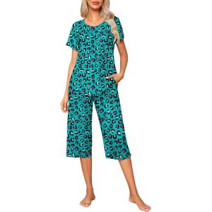 Ekouaer Pajama Set for Women 2 Piece Capri Pants Short Sleeve Top Sleepwear Soft Pjs Loungewear with Pockets S-3XL(Green Leopard)