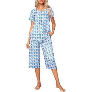 Ekouaer Pajama Set for Women 2 Piece Capri Pants Short Sleeve Top Sleepwear Soft Pjs Loungewear with Pockets S-3XL(White Monkey)
